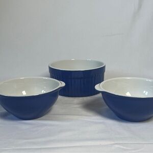 Set of 3 Emile Henry Ceramic Dishes in  “Azure” blue and white, made in France
